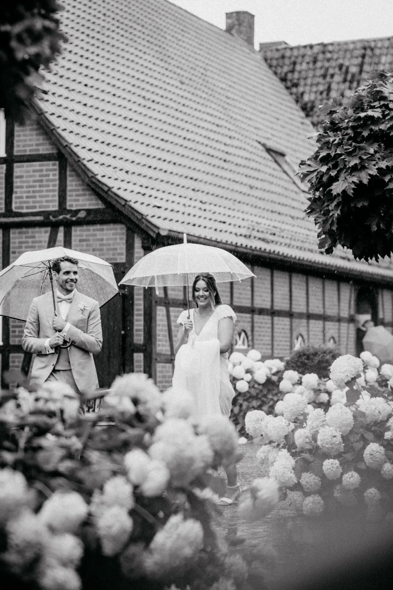 Hochzeitspaar vor einem Fachwerkhaus und blühenden Hortensien, in Schwarz-Weiß.